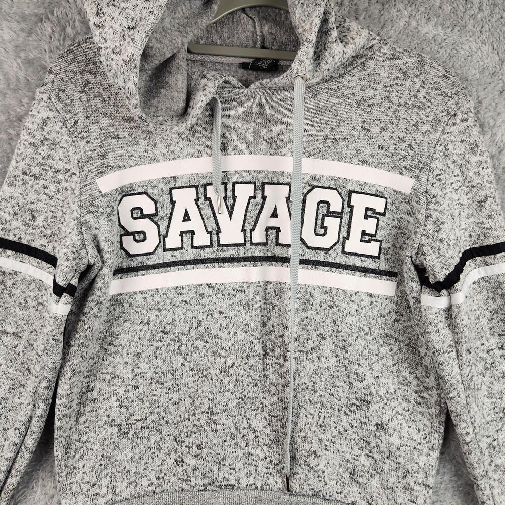 Rue21 Hoodie Womens Medium Gray Savage Slogan Knit Pullover Striped Graphic Y2k
